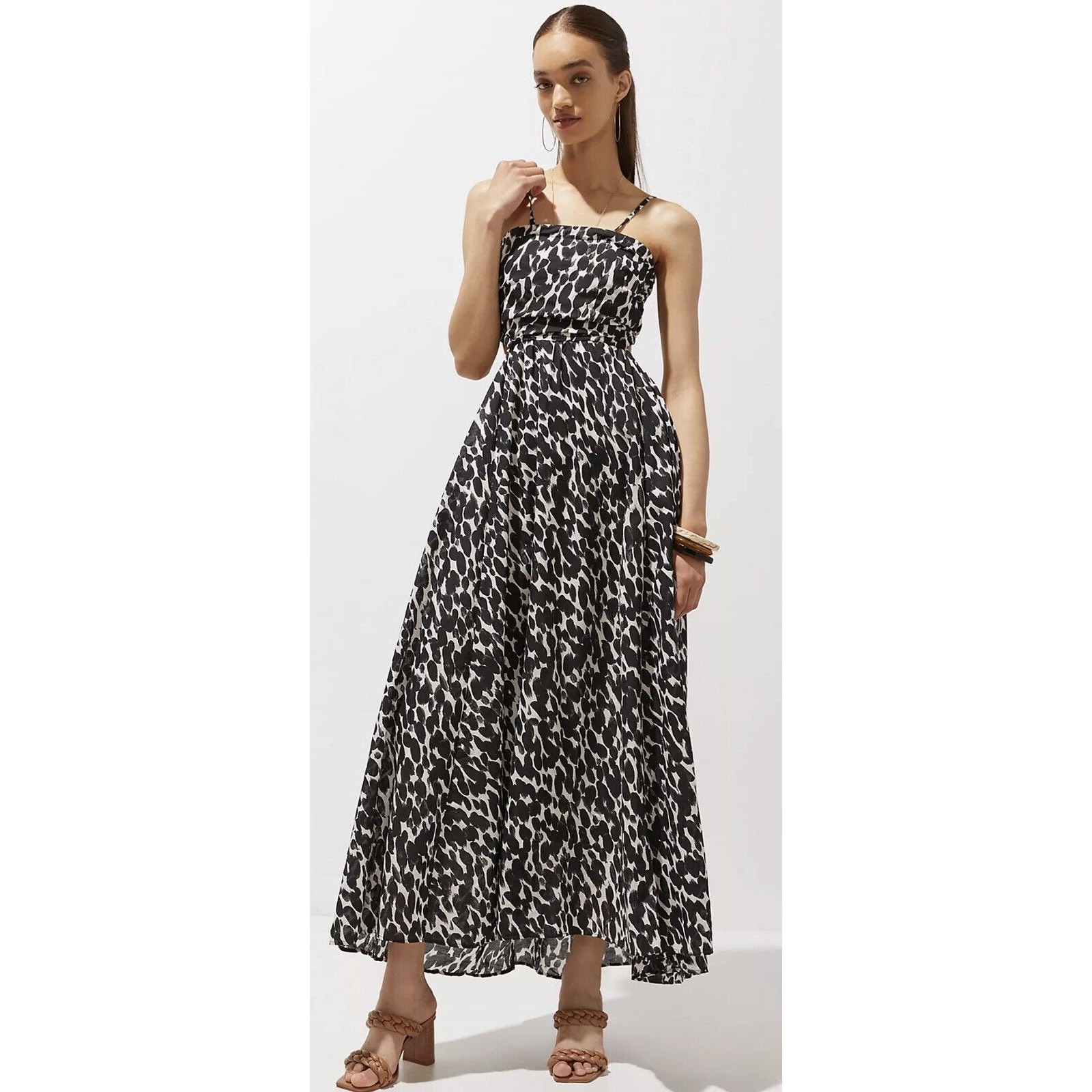 Anthropologie Women Shirred Cut-Out Maxi Preppy Black And White Dress Sz M Nwt